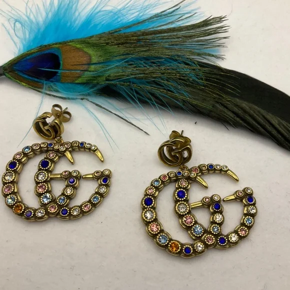 Gold GG Marmont Colorful Crystals Dangle Earrings - Picture 5 of 9